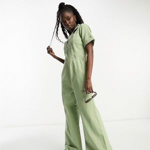 ASOS DESIGN twill collared jumpsuit with wide leg in sage